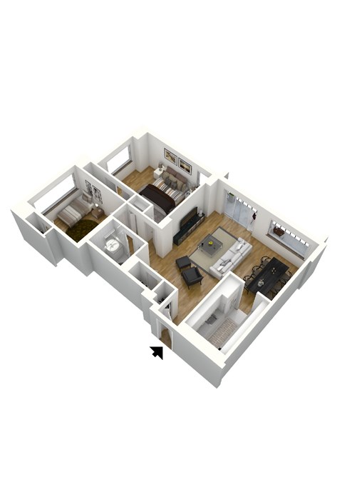 Floor plan for 2 beds, 1 bath, 884 sqft